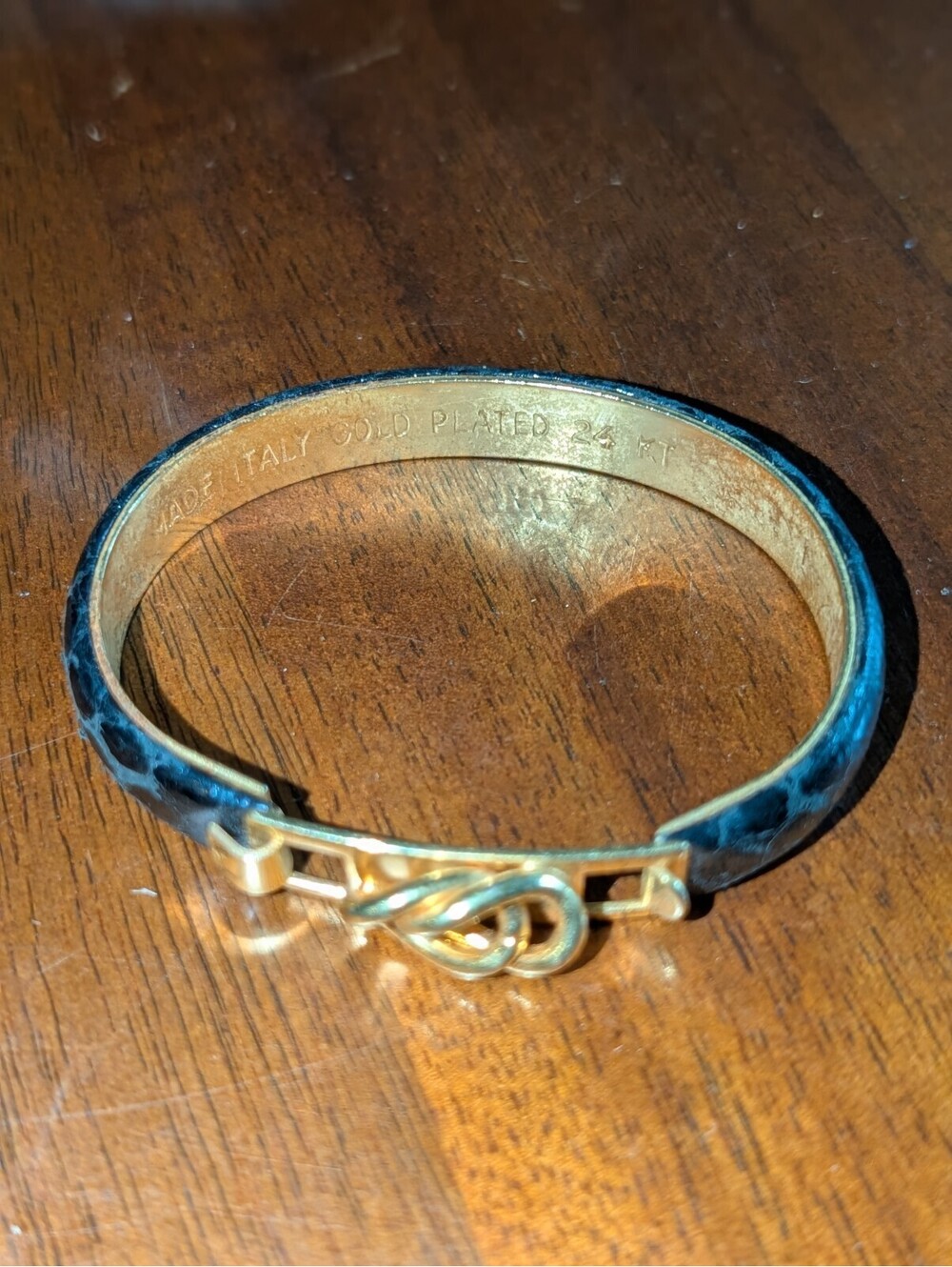 Hinged 24k Gold Plated And Black Leather Bracelet. Made In Italy.
